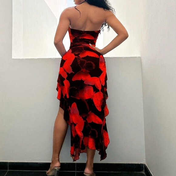 Red Sexy Women's Butterfly Print Flowy Ruffle Trim Slit Bodycon Dress Vacation - Picture 3 of 5